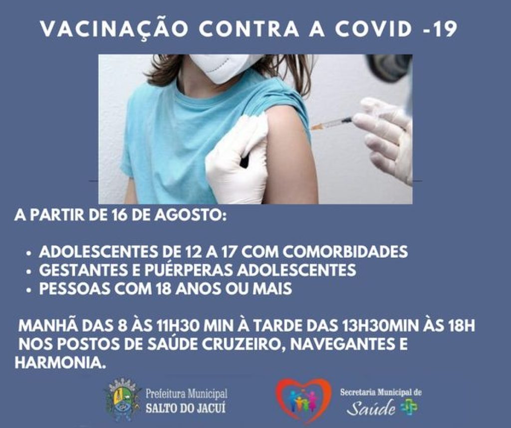 Salto do Jacuí vacina adolescentes a partir de 12 anos com comorbidades contra Covid-19