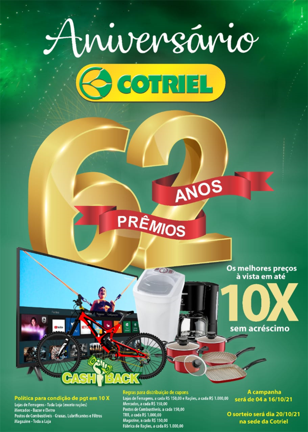 Campanha 62 anos, 62 prêmios Cotriel começa nesta segunda-feira, 04