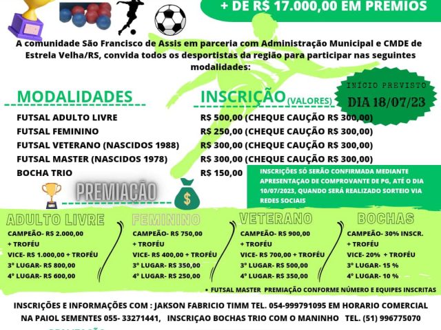12° Campeonato Intermunicipal de Futsal e Bochas de Estrela Velha terá mais de R$ 17 mil em premiação