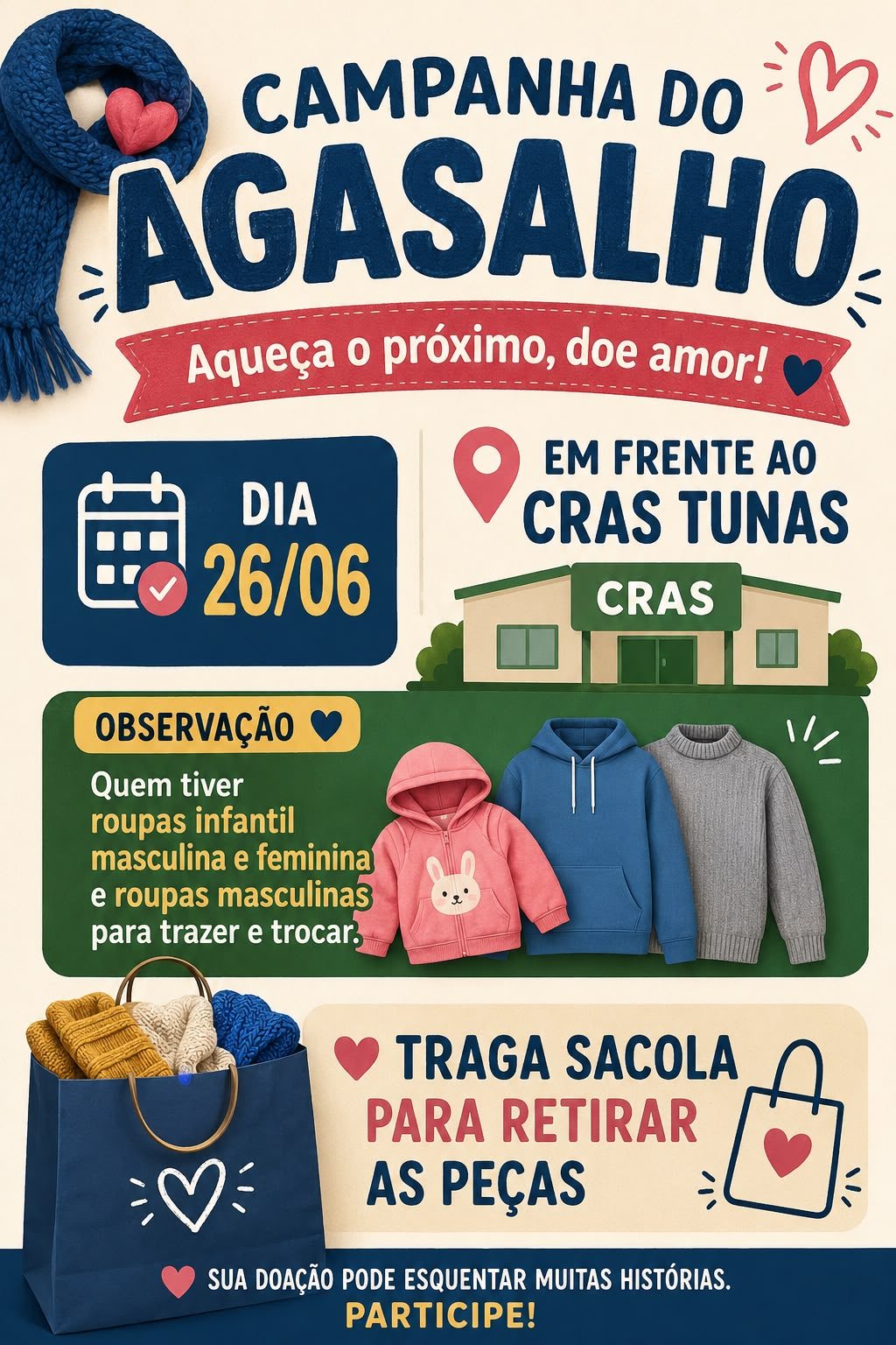 Campanha do Agasalho será realizada nesta sexta-feira em Tunas